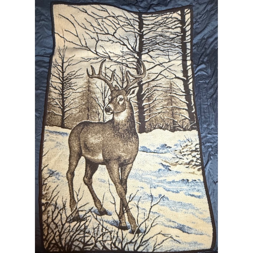 Vintage Deer Buck Reversible Fleece Blanket San Marcos Style Lodge Cabin Brown